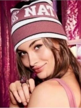 Victoria Secret Nation Pink/Black/White Pom Pom Hat OS EUC